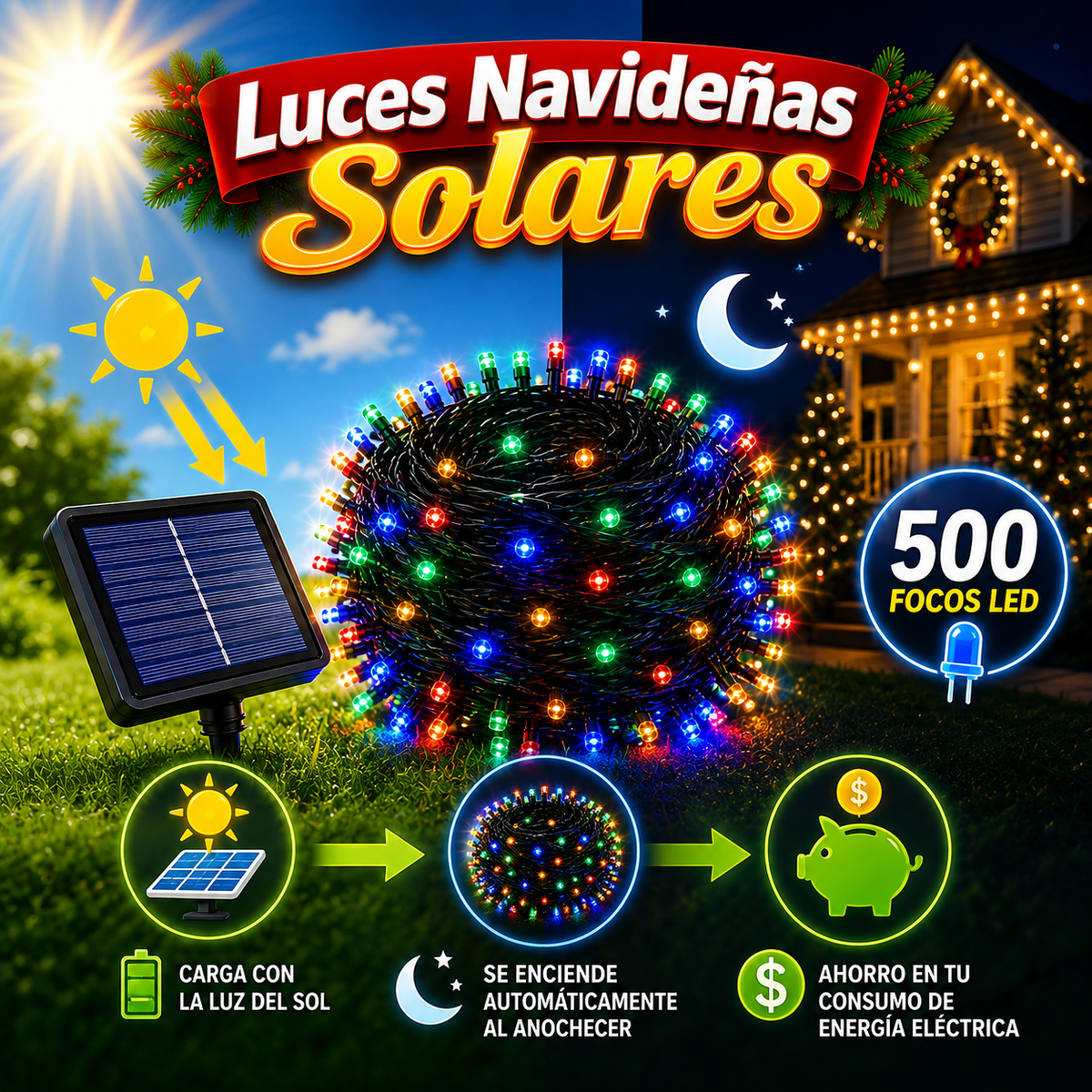 Luces Navideñas Solares de 42 Metros / 500 LEDs Multicolor